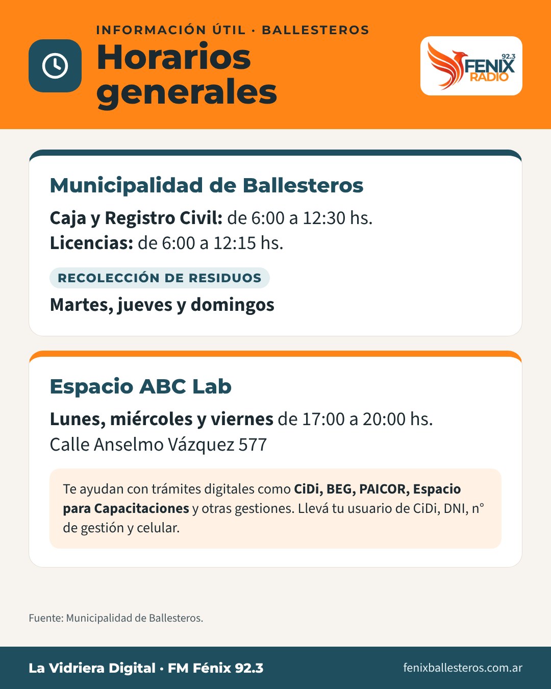 Horarios de la Municipalidad, recolección de residuos y Espacio ABC Lab